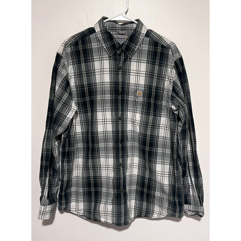 Carhartt Button Down Shirt Men’s Large Green Plaid Relaxed Fit Logo Workwear